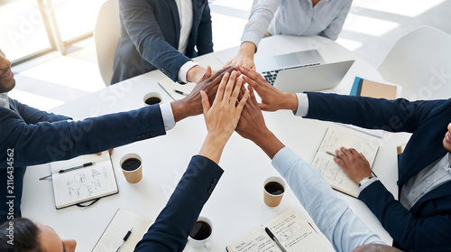 Business People Stacking Hands Together in Meeting Room View From Above