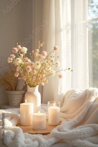 A serene, sunlit room features glowing white candles and a delicate vase of baby's breath flowers on a table, bathed in soft natural light near a window