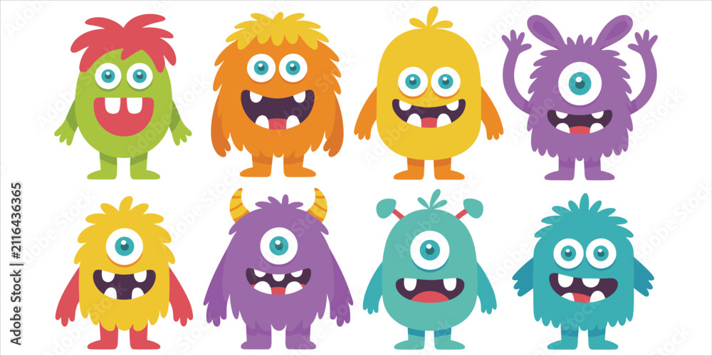 Obraz premium Eight colorful cartoon of friendly, diverse monsters with big eyes, different colors, horns, and happy expressions on a white