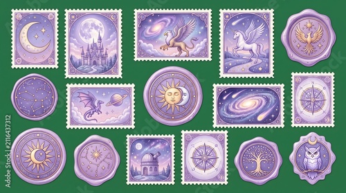 Set of purple magic celestial fantasy postage stamps and wax seal stickers with moon stars galaxy dragon pegasus castle and owl illustration
