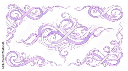 Purple calligraphic swirls and decorative flourishes set elegant corner borders ribbon design elements vector illustration
