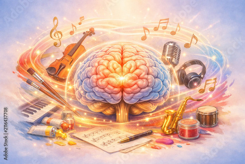 Glowing human brain surrounded by musical instruments and art supplies representing creative intelligence. Conceptual illustration of brain power, musical inspiration, and artistic creativity.