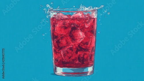 Refreshing Red Drink with Ice Cubes Splashing in Glass on Blue Background Studio Shot Still Life