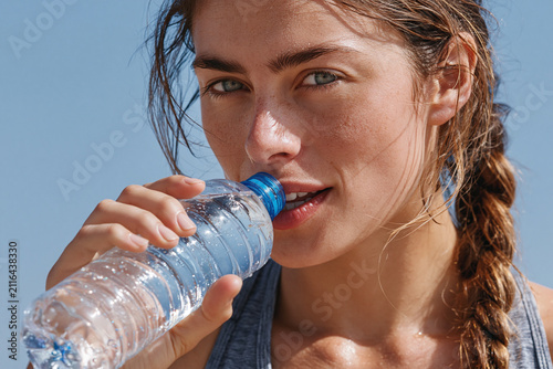 Young athletic woman drinking water after workout with braided hair, freckled skin, sunlit face, hydration and fitness focus, close up portrait showing bottle and moisture on skin