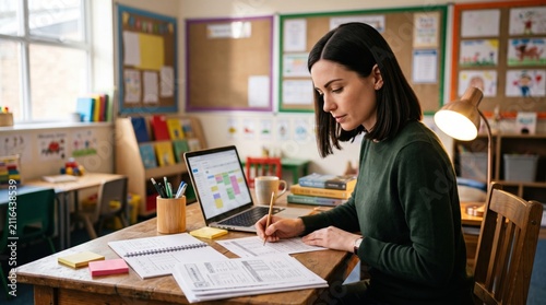 Teacher reviews blank lesson materials on laptop, creating primary school workload image about planning, preparation and quiet responsibility after school each day for pupils.