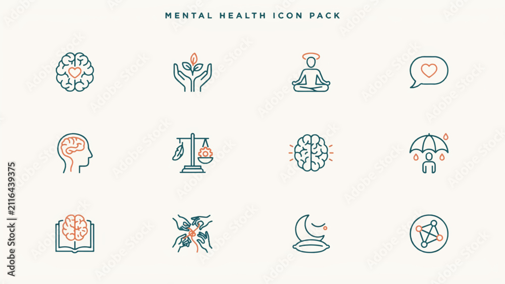 Fototapeta premium Mental health icon pack with various symbols and illustrations, self care