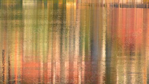 An abstract image in ochre tones of a landscape reflected in the lake.