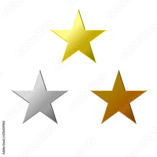 Pack of 3 metallic stars in gold, silver, and bronze
