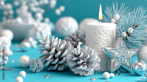 White painted pinecone with decorative candle and silver star on blue
