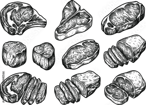 Detailed black and white sketch set featuring diverse cuts of fresh butcher meat vector art