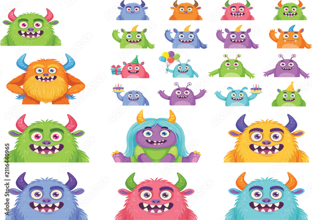 Obraz premium Cute Cartoon Monster Face Collection with Funny Colorful Alien Mascots and Expressions Vector Illustration Set
