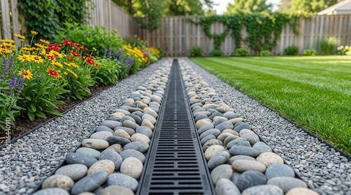 Landscape design and water runoff solution featuring a French drain system in a garden