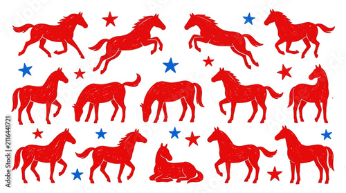 Patriotic Horse Silhouettes Red Hand-Drawn Figures with Stars ideal for American holiday designs and equestrian branding.
