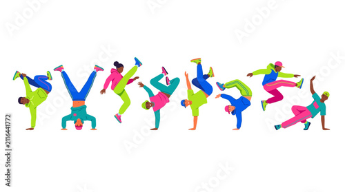 Dynamic Breakdance Crew Illustration featuring diverse dancers in energetic poses on white background ideal for youth culture posters and urban lifestyle designs.