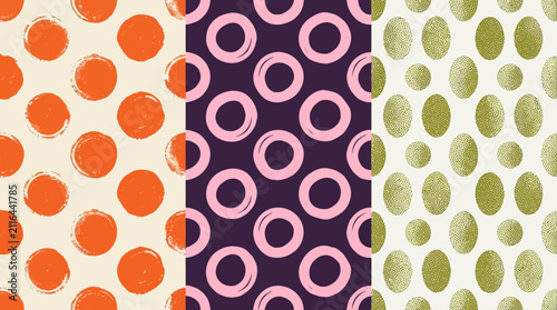 Colorful Geometric Pattern Trio featuring hand-painted circles and textured ovals. Perfect for fabric prints and digital wallpapers.