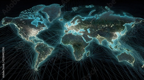 Global Network Visualization – Data Connections Across Continents Illustrating Worldwide Communication and Digital Interconnectivity in a Futuristic Style