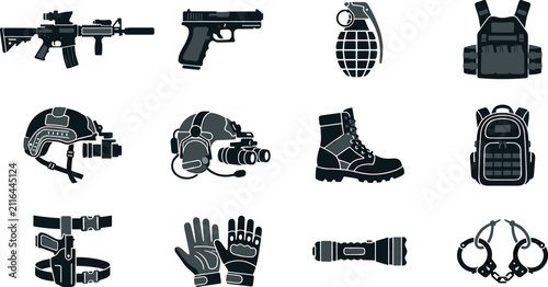 Konstfotografi Tactical Military Equipment and Special Forces Solid Icon Set with Rifle, Pistol
