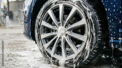 Gleaming car wheel during thorough wash with soapy water in motion