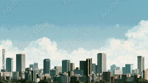 水彩タッチで描かれた高層ビル街と開放的な空