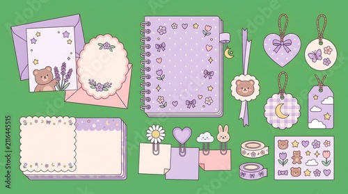 Aesthetic purple stationery set featuring bears, flowers, and hearts for journaling, scrapbooking, and creative paper crafts