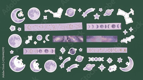 Celestial Watercolor Sticker Sheet with Pastel Moons Planets Constellations and Galaxy Decorative Elements for Creative Stationery and Journaling