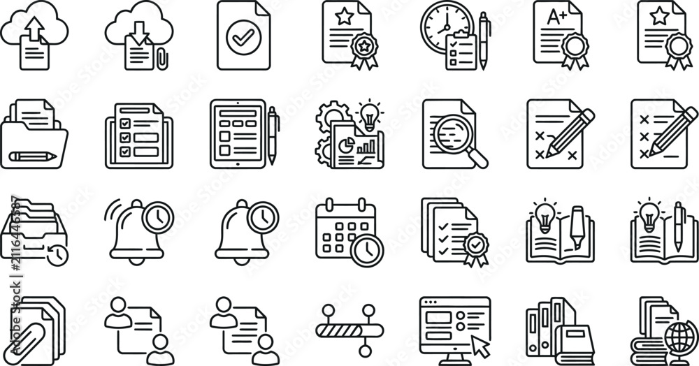 Fototapeta premium Set of document processing and file management line icons with document