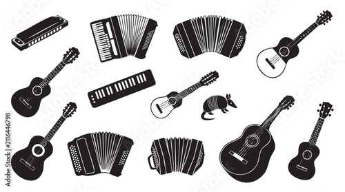 Acoustic musical instruments and accessories monochrome silhouette collection featuring guitars accordions harmonica armadillo and keyboard keys set on white background.