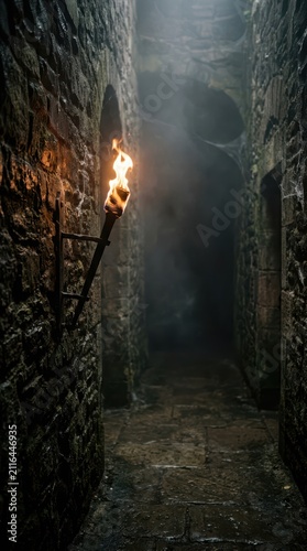 Obraz na płótnie Lit torch on stone wall