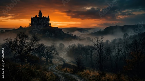 Obraz na płótnie Gothic mansion against sunset