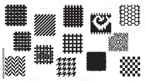 Variety of fabric weaving patterns and textile textures vector set.