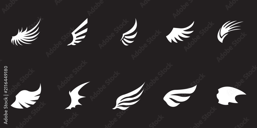 Fototapeta premium Angel wings icon set in flat style, bird wing symbol collection and group, black monochrome vector illustration isolated on transparent background for logo design.