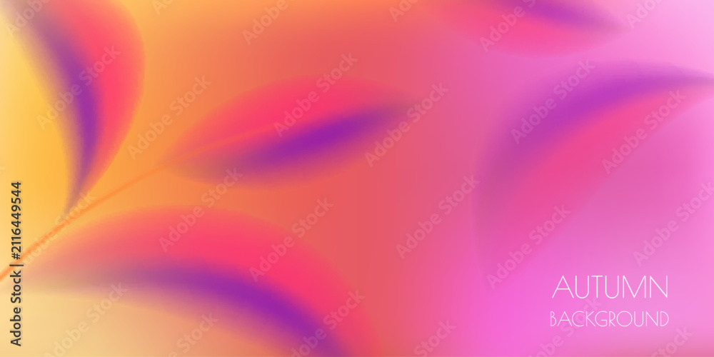Obraz premium Vector blurred fall autumn foliage background. Abstract smooth neon pink, orange and purple leaves design