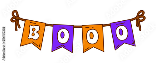 Foto Groovy Halloween garland with orange and purple flags with boo text