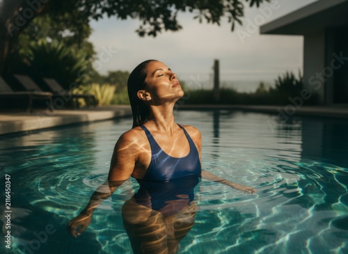 Woman relaxing in a swimming pool, concept of tranquility and wellness