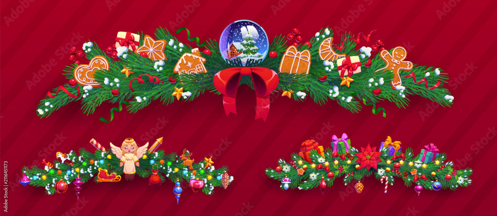 Obraz premium Christmas pine and spruce decoration border frames. Happy New Year decoration element, winter holiday spacer. Christmas border with snow ball, gingerbread cookies, red ribbon bow, poinsettia and gifts