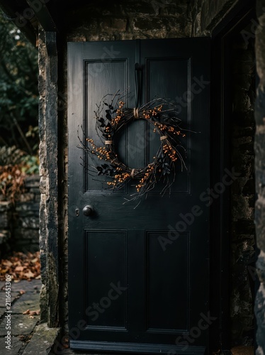 Halloween wreath on black door