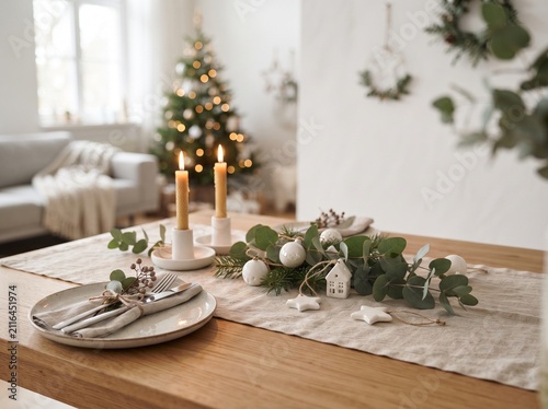 Oak wood table with beige linen and christmas decorations scenic photo