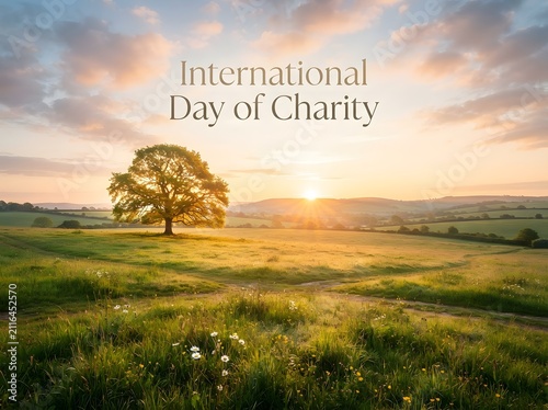International day of charity text over a beautiful scenic landscape with a golden tree