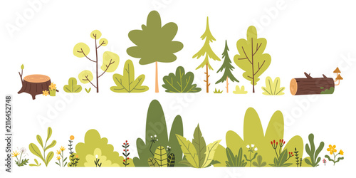  Set of forest landscape elements including trees, shrubs, flowers, logs and stumps. Nature art for outdoor scenes, parks, woodland and camping designs. Flat vector illustrations isolated on white