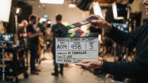 Close-up of a woman holding a movie production clapperboard before a scene