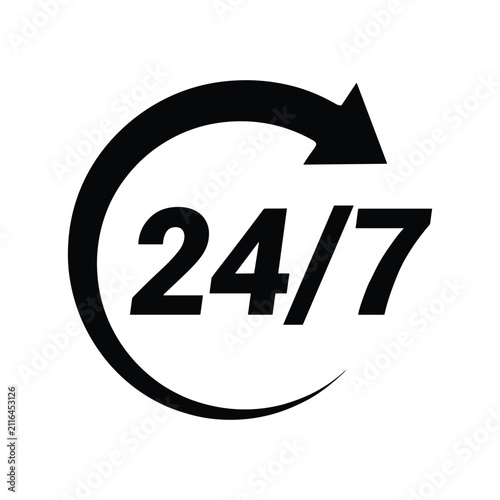 Fotografie 24/7 Availability Symbol: A circular arrow with the numbers 24/7 inside represents continuous service and round-the-clock support