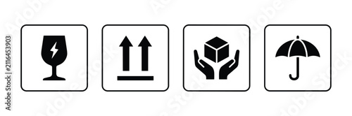 Принти на полотні Essential Shipping Icons: A set of four clear, minimalist symbols used on packaging to instruct proper handling, ensure safe transit, and prevent damage for logistics and global trade