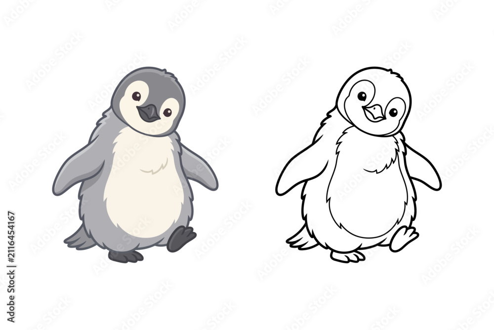 Fototapeta premium Cute Baby Penguin Character Set with Color and Outline Illustration