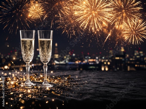 Champagne glasses with fireworks and city skyline celebratory photo