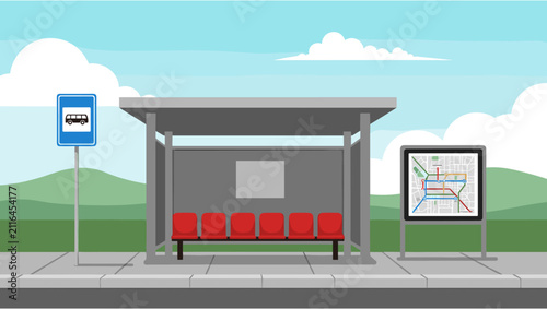 Bus, stop, shelter, cartoon, illustration, vector, station, with, red, seats, map, sign, street, outdoor, public, transport, road, bench, city, sky.
