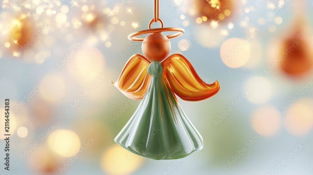 Fototapeta premium Close up of delicate orange and green hanging angel decoration with festive lights