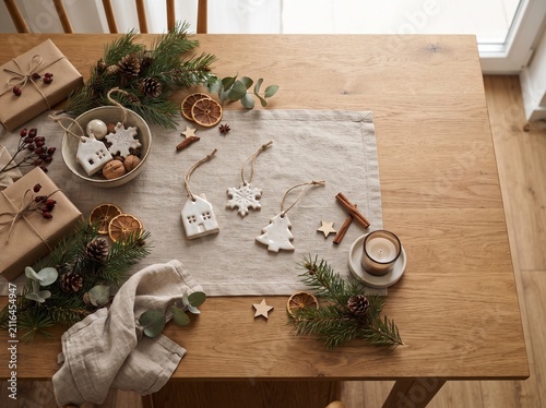 Christmas Decor Flat Lay With Gifts Ornaments And Natural Elements