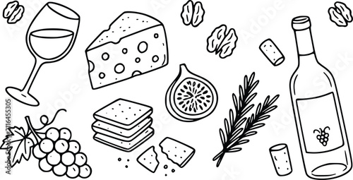 Hand drawn doodle set with wine bottle glass grapes cheese and snacks for a gourmet food and drink illustration collection for dining and parties