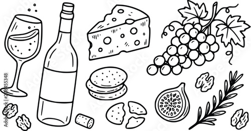 Hand drawn doodle set of wine bottle glass cheese grapes and snacks for a gourmet food and drink party theme illustration in black and white sketch