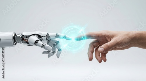 Background of technology meets humanity depicted as a modern remake of The Creation of Adam.